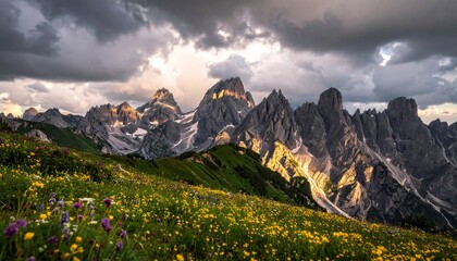 Dramatic mountain peaks pierce stormy skies above a vibrant alpine meadow bursting with golden yellow and purple wildflowers, bathed in ethereal golden hour light.
