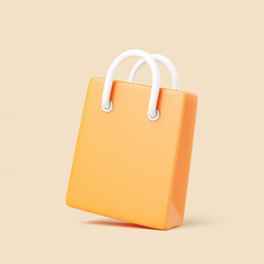 3D orange shopping bag with white rope handles isolated on beige background