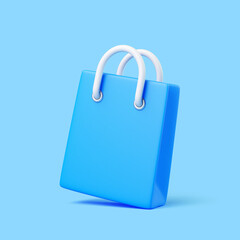 Blue Shopping Bag with White Handles Tilted on Blue Background