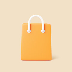 3D orange shopping bag with white rope handles isolated on beige