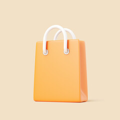 3D orange shopping bag with white rope handles isolated on beige background