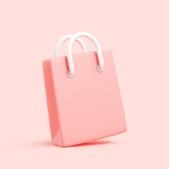Pink shopping bag with white handles, 3D render, isolated on pastel background