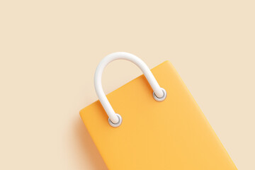Yellow shopping bag with white handles, close up 3D render on pastel background