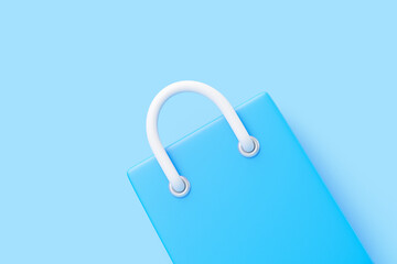 Blue shopping bag with white handles, close up 3D render on pastel background
