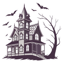 Obraz premium Vintage Haunted House Illustration with Bats and Tree