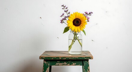 Sunflower and purple flowers in glass jar isolated on white background