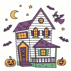Whimsical Halloween House with Witch and Flying Bats