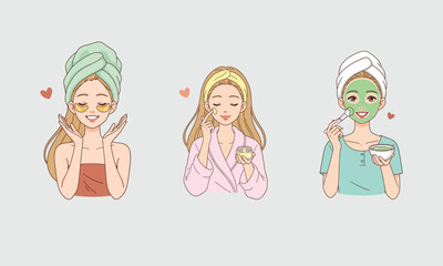Beautiful woman skincare routine vector illustration applying cream, face mask, and under eye patches cartoon style self care concept