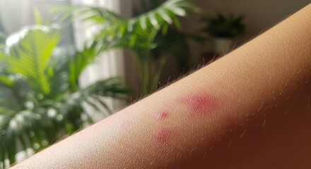 Close-Up of an Inflamed Red Insect Bite on a Sunlit Arm with Blurry Houseplants.