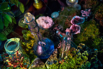 In a vibrant forest scene, several unique potion bottles rest among lush green moss and enchanting stones. Soft light enhances the mystical atmosphere, creating a magical vibe