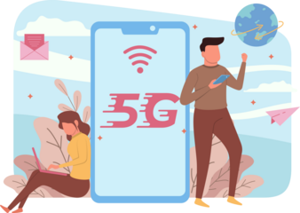 5G Network Illustration of Woman with Laptop Man Holding Phone Earth Globe Isolated on Transparent Background in Vector Graphic