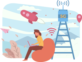 5G Network Illustration with Woman Using Laptop near Tower in Cloudy Sky and Rocket Launching on Transparent Background