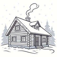 Winter log cabin with smoke from chimney house snow