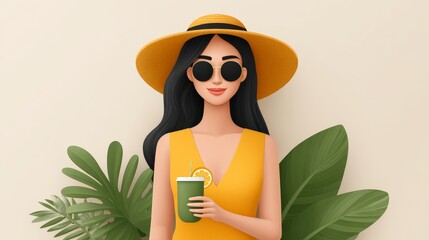 Colorful art poster of women enjoying tropical drinks in a lush environment