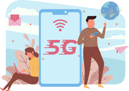 5G Network Illustration of Woman with Laptop Man Holding Phone Earth Globe Isolated on Transparent Background in Vector Graphic - Powered by Adobe