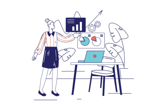 Abstract Business Strategy Meeting Illustration with Presentation and Laptop on a Transparent Background