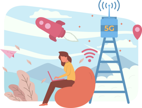 5G Network Illustration with Woman Using Laptop near Tower in Cloudy Sky and Rocket Launching on Transparent Background