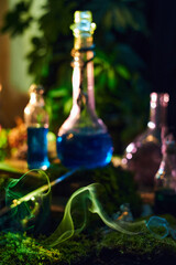 captivating scene features various glass flasks filled with colorful liquids, casting vibrant reflections. Wisps of smoke rise, creating a mysterious atmosphere among lush green plants