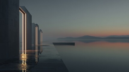 Abstract Glass Architecture Aesthetic Background: Sunlight Reflections on Water with Futuristic Framing for Modern Design
