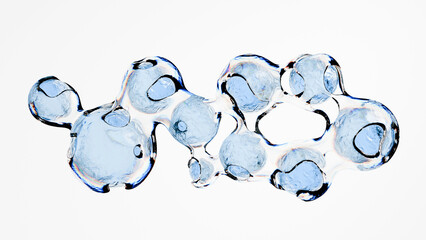 scene showcases clear water bubbles of various sizes drifting on a bright white background, forming an elegant, abstract pattern that captures attention. 3d render