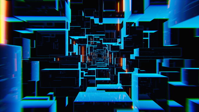 Colorful rectangular shapes create a dynamic digital tunnel effect in a futuristic landscape. glowing elements contrast against a dark background, enhancing the vibrant atmosphere. 3d render