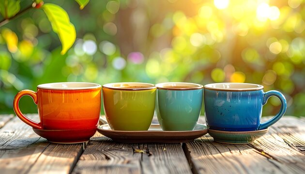 Four vibrant coffee cups on a wooden table against a blurred green backdrop
