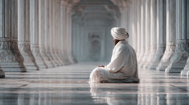 Serenity and reflection: a man in meditation at a majestic architecture - Powered by Adobe