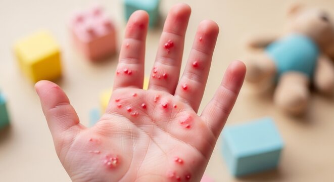 Close-up of Childs Hand with Hand, Foot, and Mouth Disease, Blisters Visible.