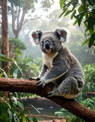 Obraz premium Grizzly koala perched on a branch in a misty forest