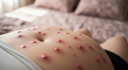 Pregnant Womans Abdomen Covered in Chickenpox Lesions, Close-Up View.