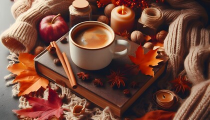 Warm Coffee with Candles and Fall Decor