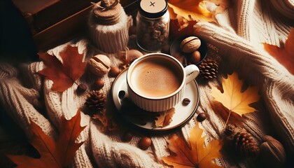 Cozy Coffee with Autumn Leaves on Knit Blanket