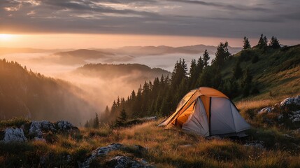 Obraz premium Tented camp on a mountain crest, sunrise over fog-filled valley