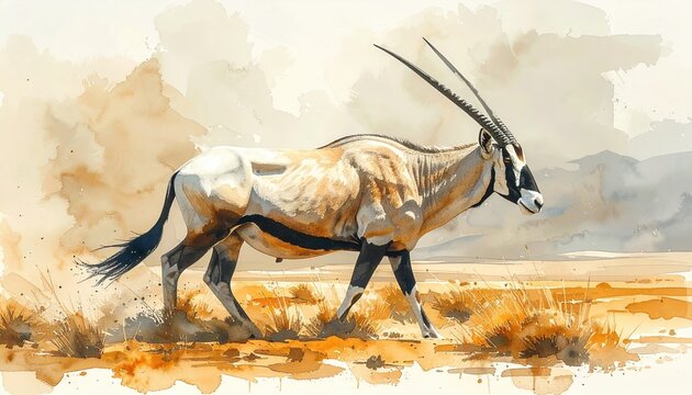 Graceful gemsbok antelope striding across dry African desert plain with long horns, symbol of endurance and adaptation in harsh natural environment