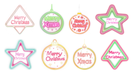 PNG Colorful neon Christmas decorations, element set on transparent background