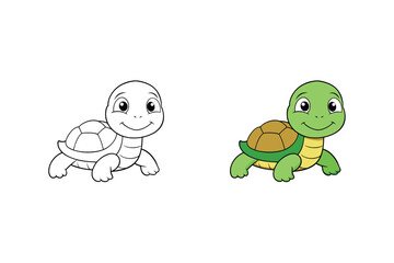 Vector art of a delightful illustration showcasing a charming baby turtle, presented in both a colored version and a black and white outline, , perfect for coloring books