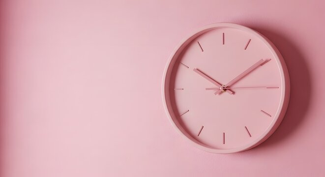Elegant pastel pink clock ticks gently, inspiring calm and focus in a modern office or home workspace, promoting productivity and timeless style