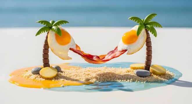 Whimsical breakfast beach scene with egg palm trees and bacon hammock for a fun food concept, great for vacation themes and quirky dining ideas
