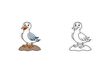 Illustration of a cute seagull standing on a rock, presented in both colored and line art versions, ideal for coastal themed designs