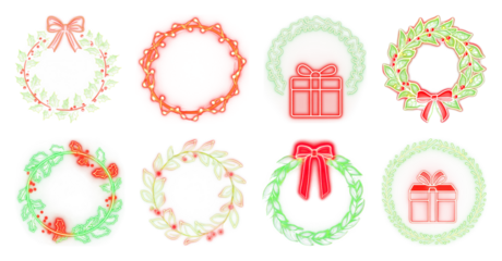 PNG Festive neon holiday wreaths display, element set on transparent background