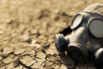 Gas Mask in Dried Land: A weathered gas mask lies abandoned on cracked earth, a stark symbol of environmental hazard, pollution, and the aftermath of disaster.