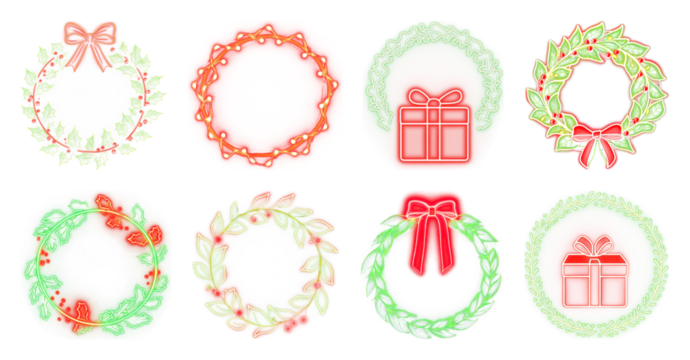 PNG Festive neon holiday wreaths display, element set on transparent background
