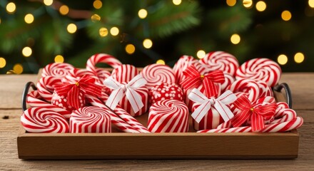 Festive Wooden Tray Overflowing with Striped Peppermint Candies, Canes, and Bows.