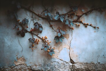 Old, weathered concrete wall with peeling paint and cracks has delicate, dark green ivy vines creeping across its surface, creating a beautiful decay.