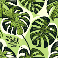 Stylized tropical Monstera leaves with bold black linework fenestrations and vibrant red accents in a graphic modern illustration.