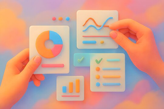 3D hands assembling floating UI cards with pie charts, checklists, and graphs, playful infographic dashboard