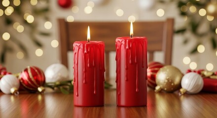 Warm Glow of Two Red Dripping Candles Amidst Christmas Bokeh Lights.