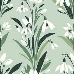 Elegant seamless pattern of stylized white snowdrop flowers with green leaves Delicate botanical vector illustration.