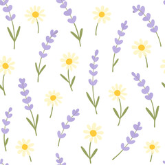 Seamless Pattern of Daisies and Lavender Flowers on White Background.
