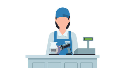 An illustrated cashier stands behind a counter at a grocery store, scanning items with a barcode reader, representing a concept of retail and shopping.